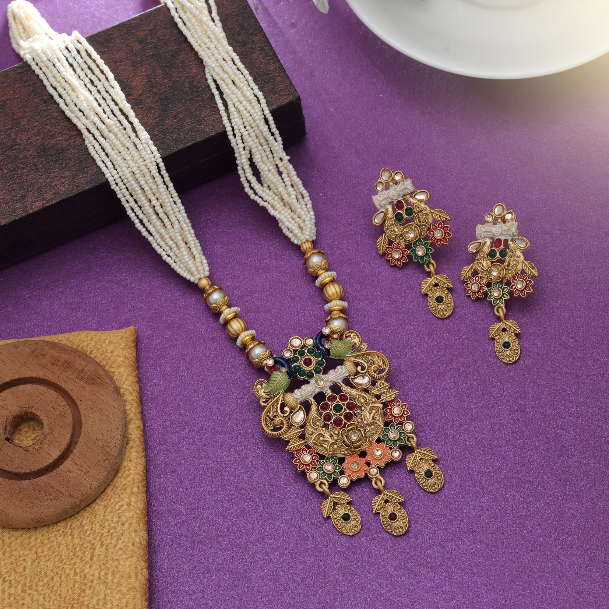Multi Color Mint Meena Matte Gold Necklace Set Festive