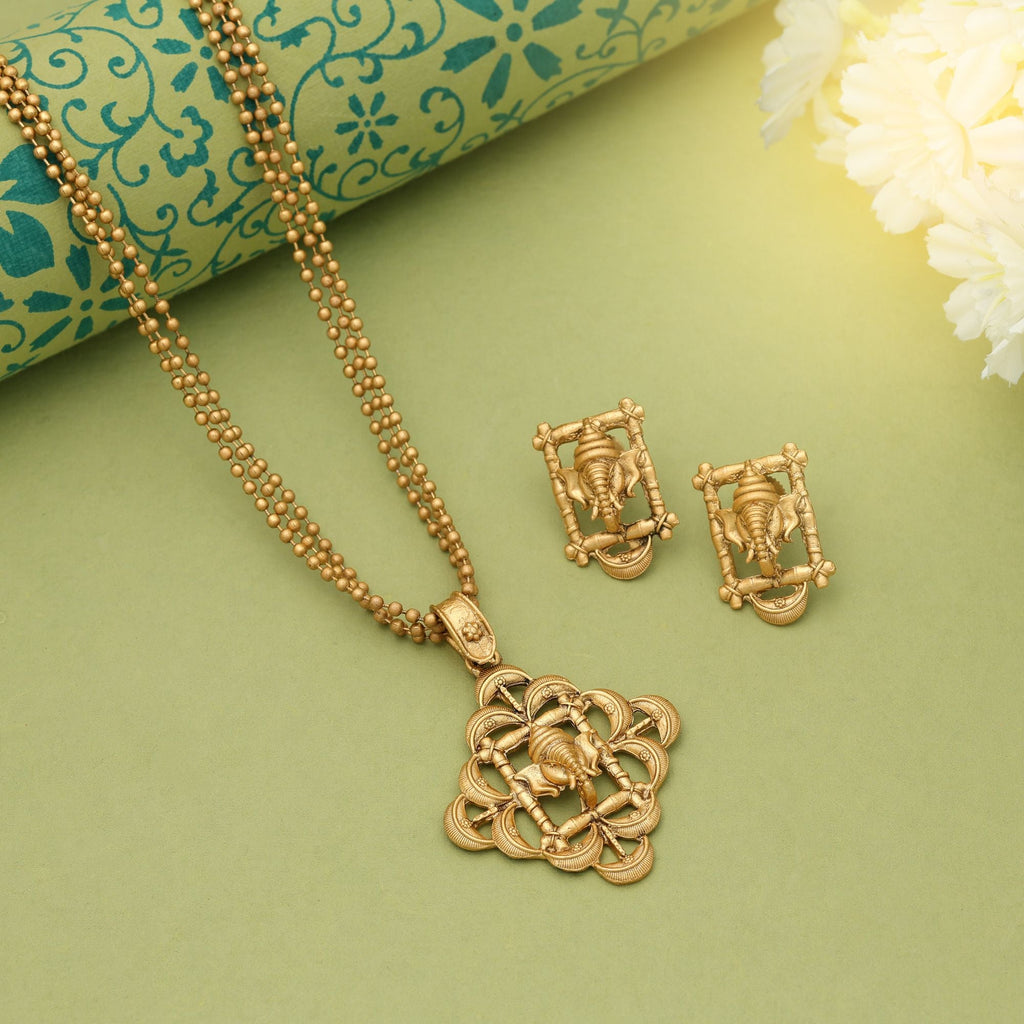 Gold Lord Ganesha Matte Gold Necklace Set Temple Jewelry
