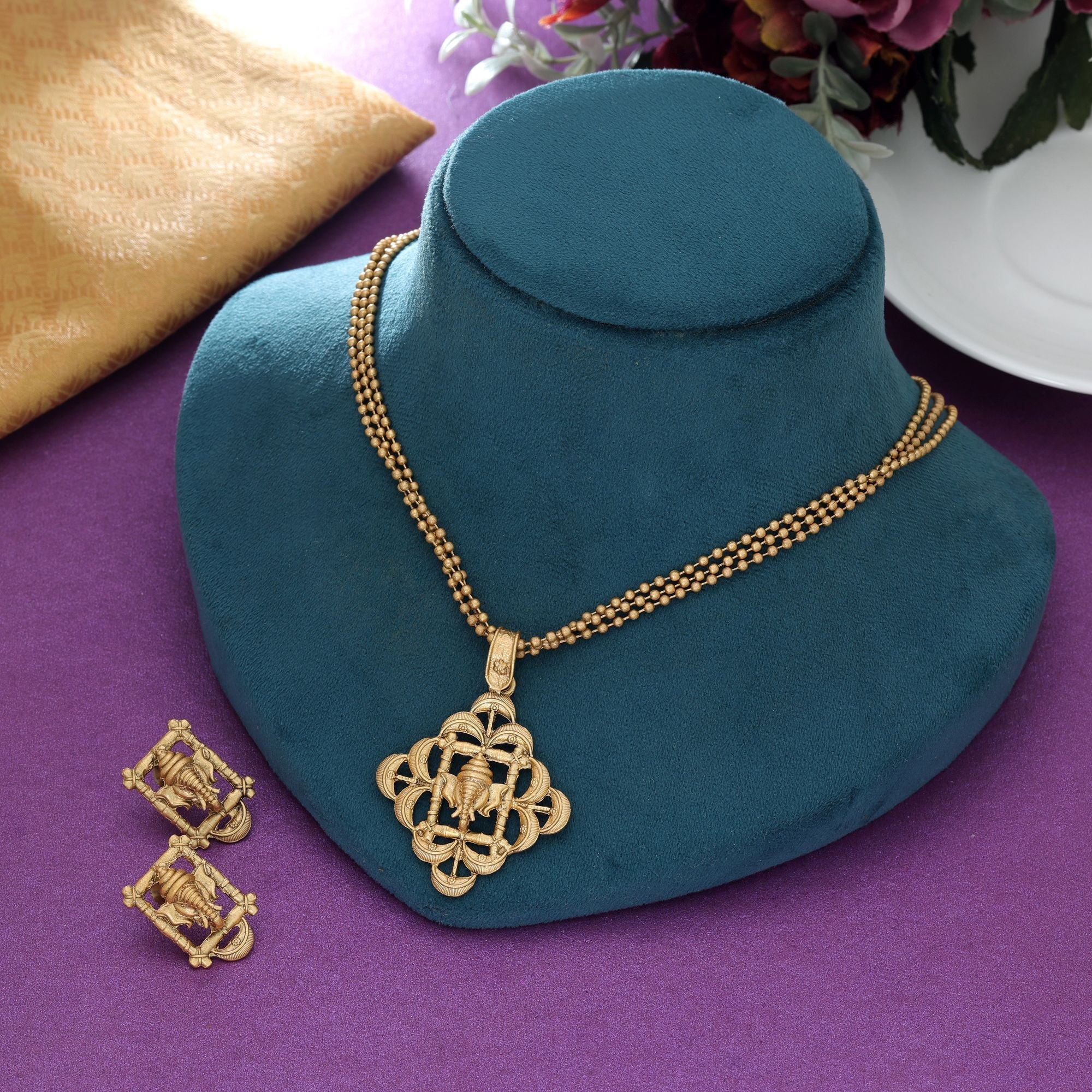 Gold Lord Ganesha Matte Gold Necklace Set Temple Jewelry
