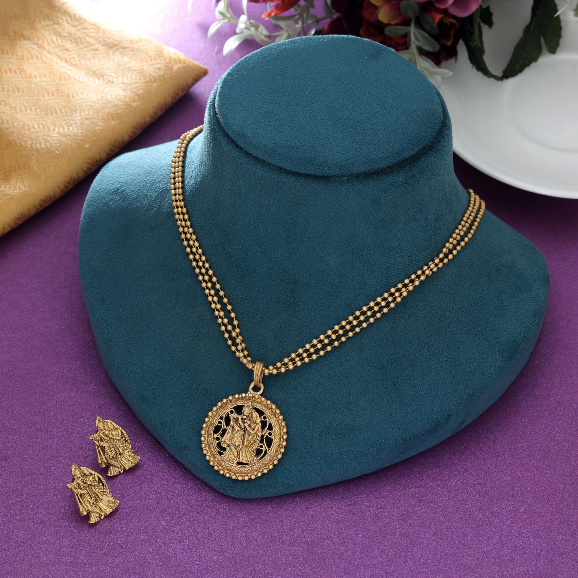 Gold Radha Krishna Matte Gold Necklace Set Ethnic
