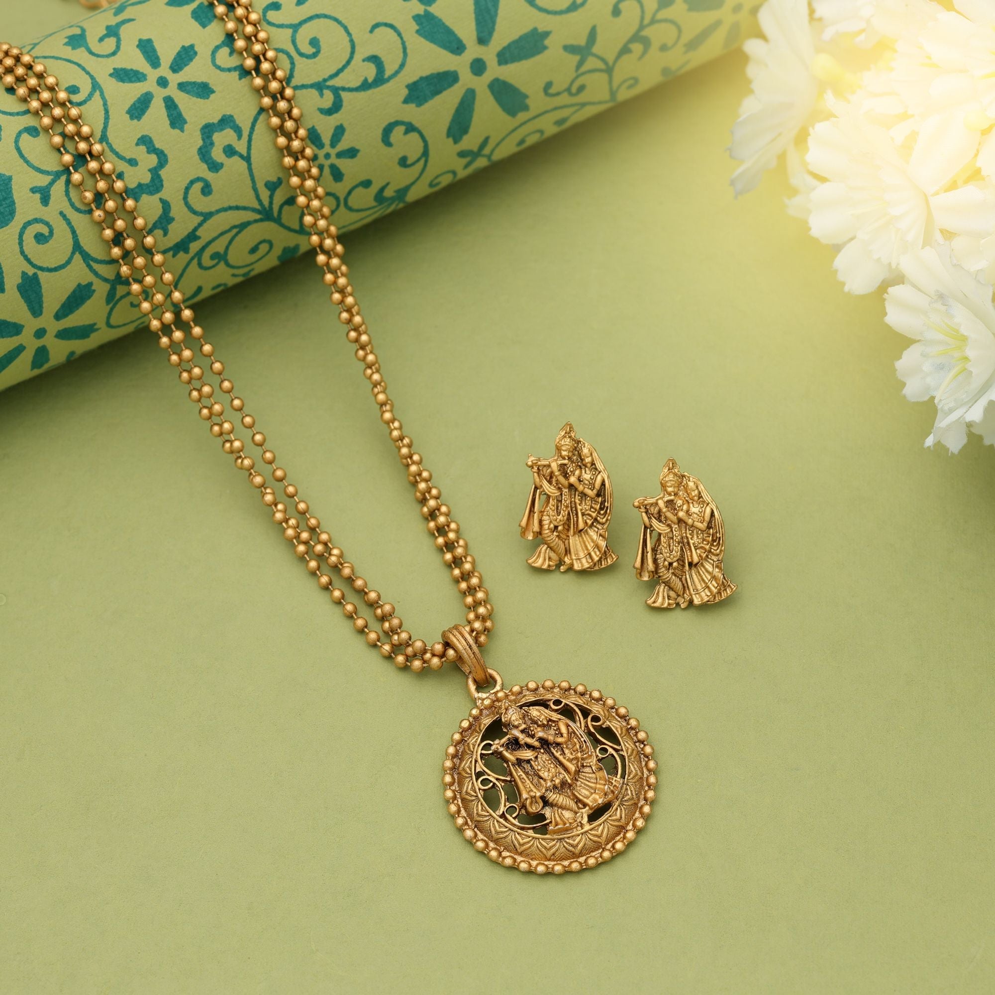 Gold Radha Krishna Matte Gold Necklace Set Ethnic