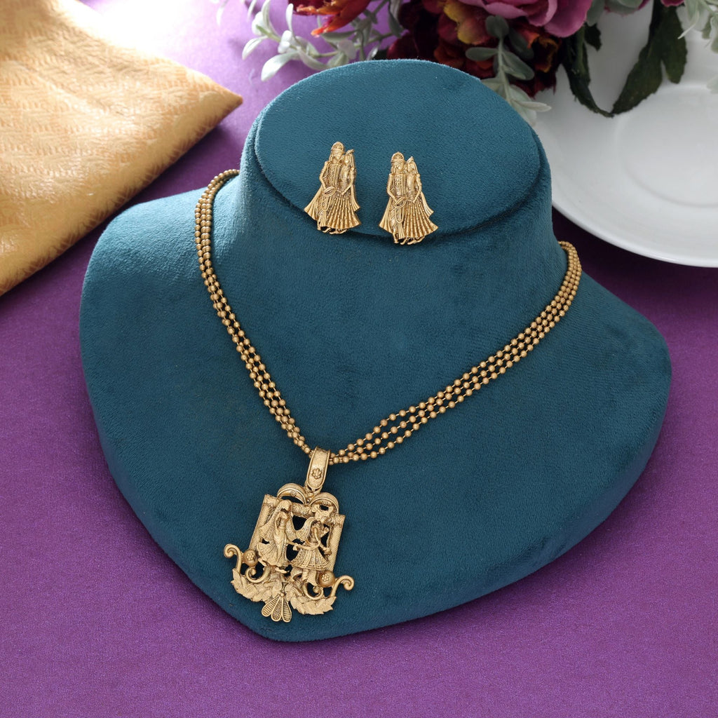 Gold Radha Krishna Matte Gold Necklace Set Devotional
