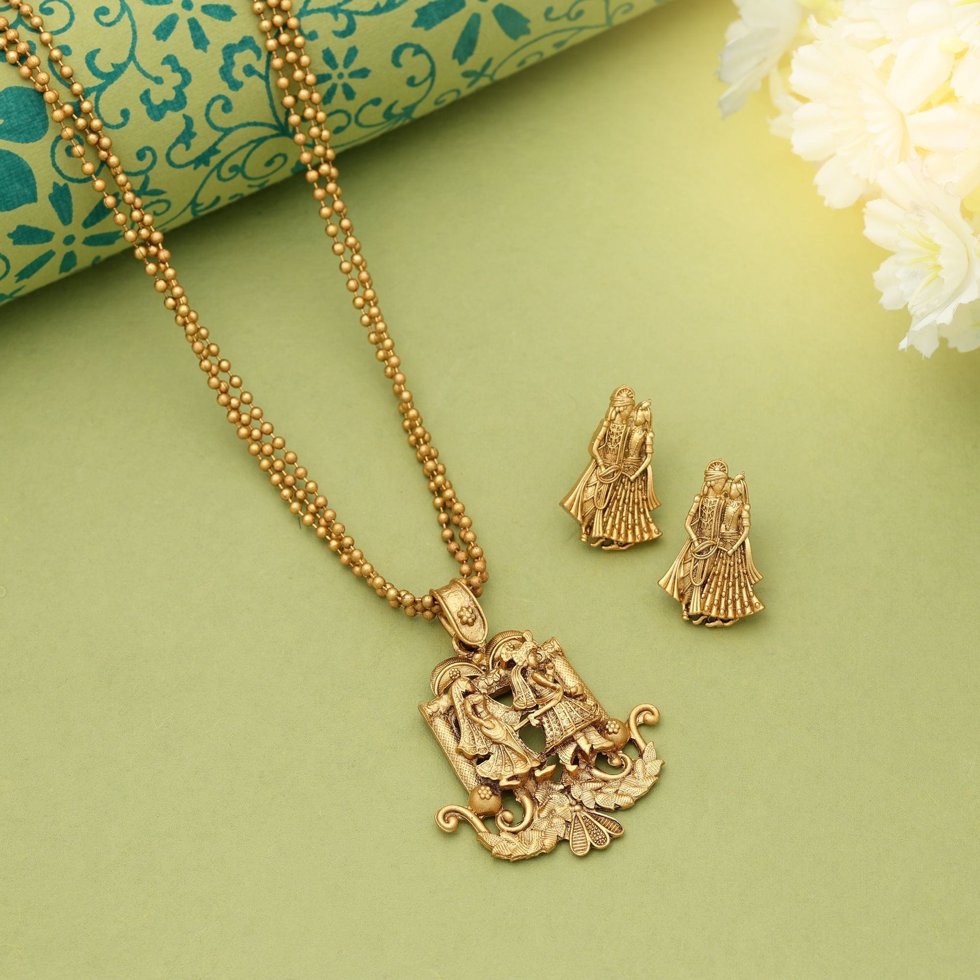 Gold Radha Krishna Matte Gold Necklace Set Devotional