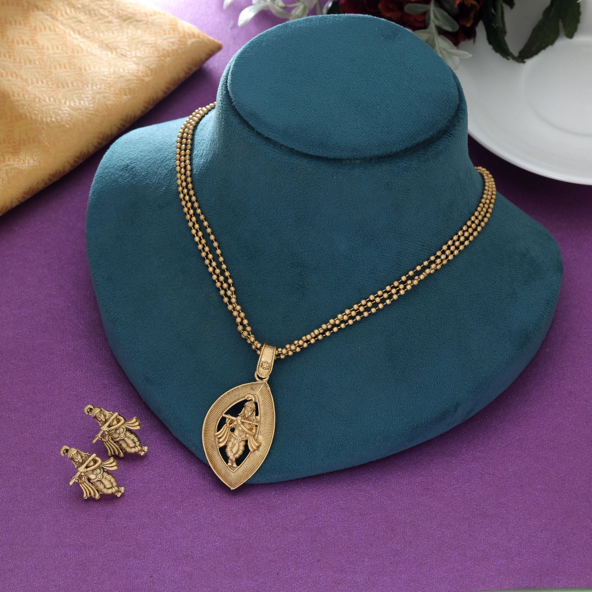 Gold Lord Krishna Matte Gold Necklace Set Festive