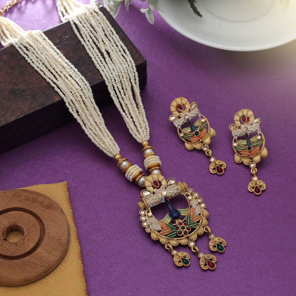Multi Color Mint Meena Matte Gold Necklace Set Party Wear