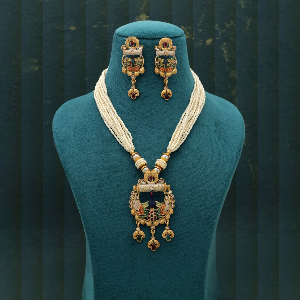 Multi Color Mint Meena Matte Gold Necklace Set Party Wear