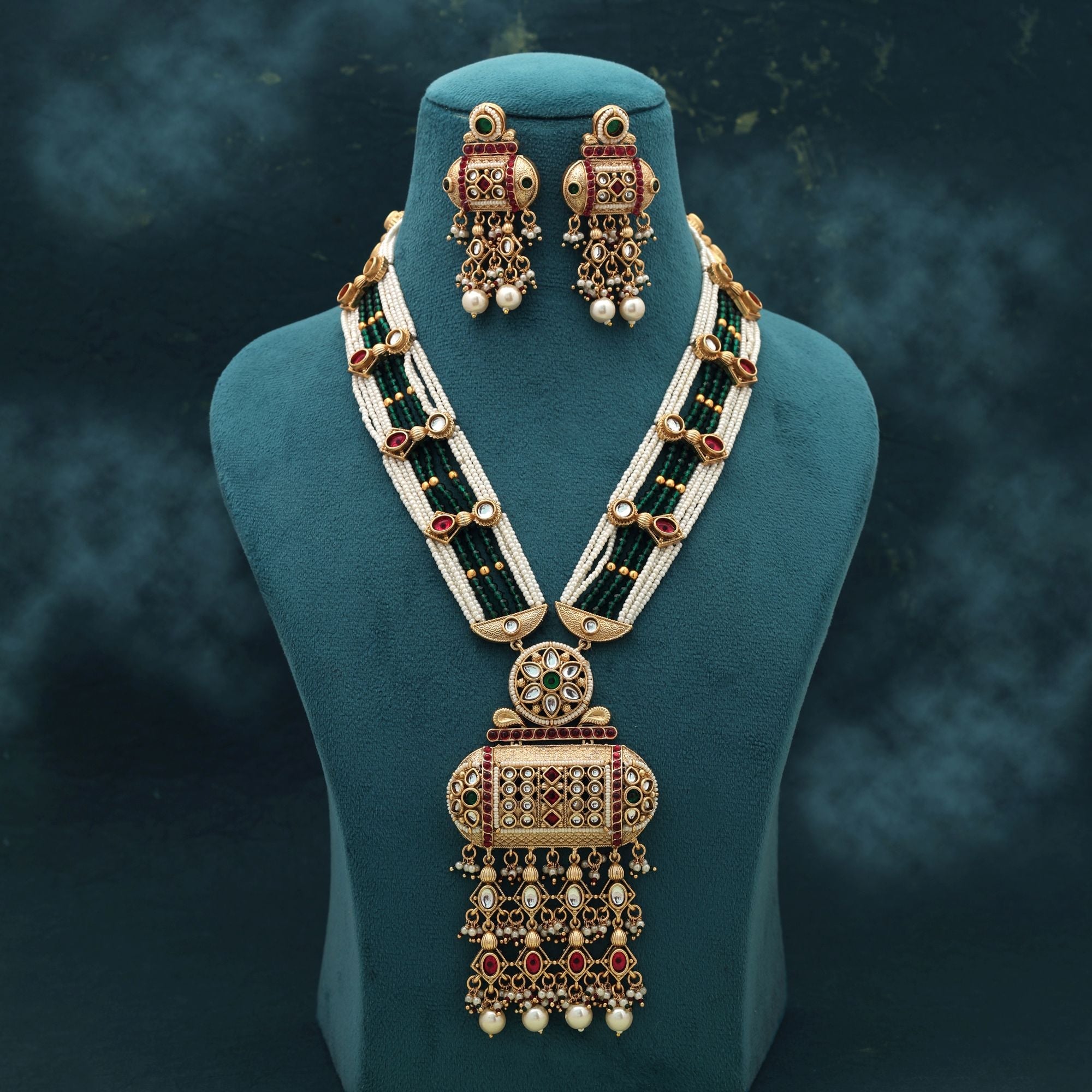 Rani Green Matte Gold Necklace Set Bridal