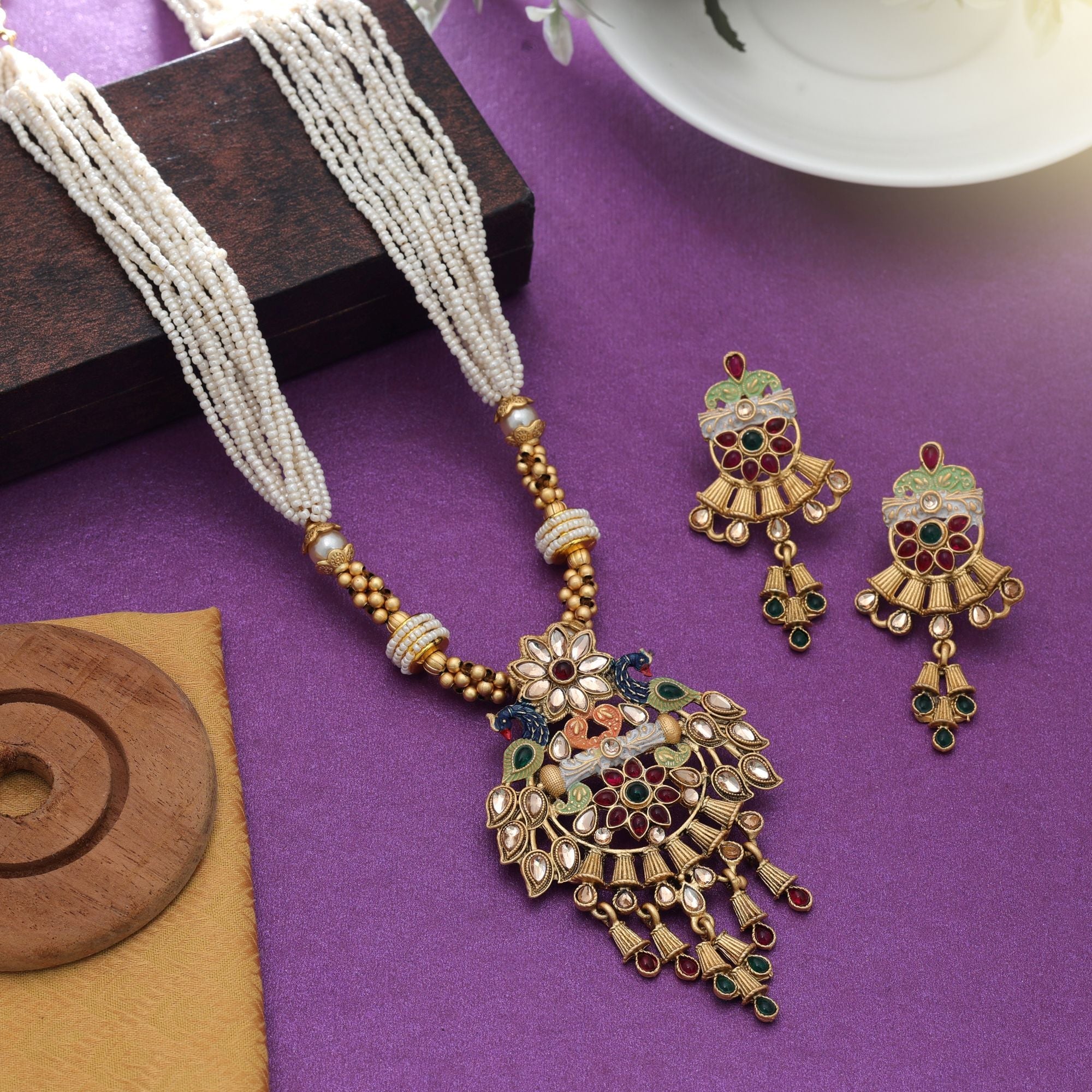 Multi Color Mint Meena Matte Gold Necklace Set Designer