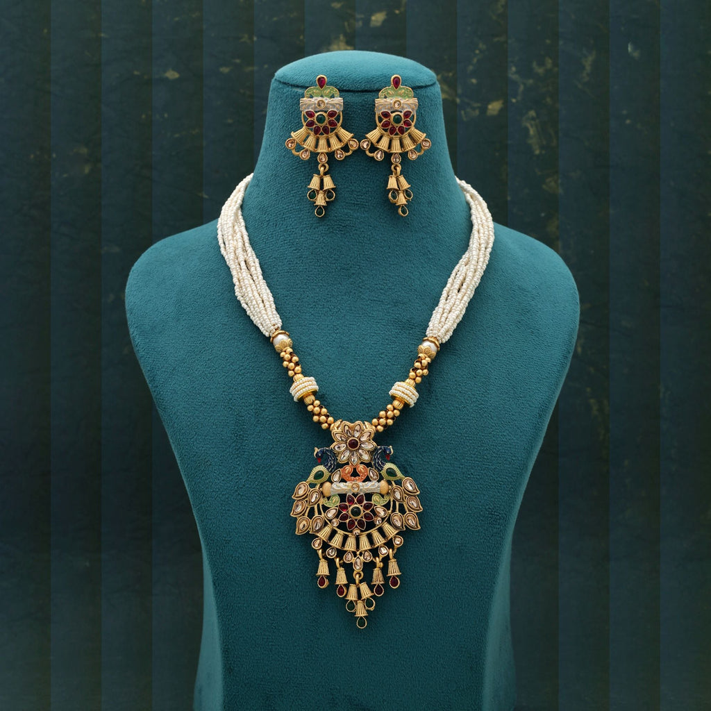 Multi Color Mint Meena Matte Gold Necklace Set Designer