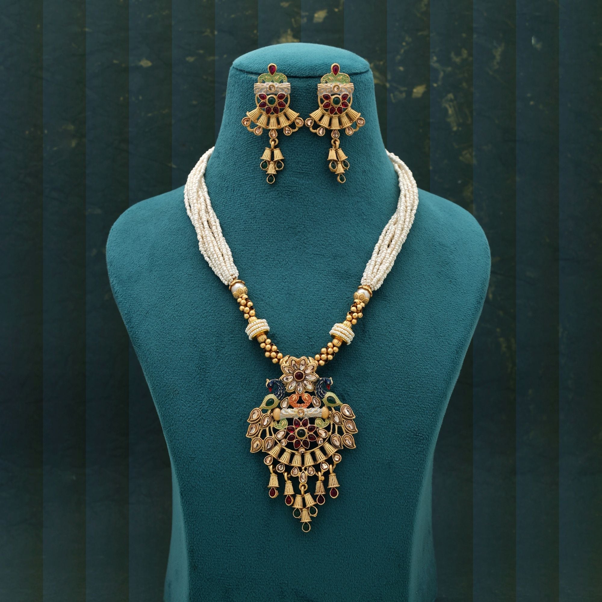 Multi Color Mint Meena Matte Gold Necklace Set Designer