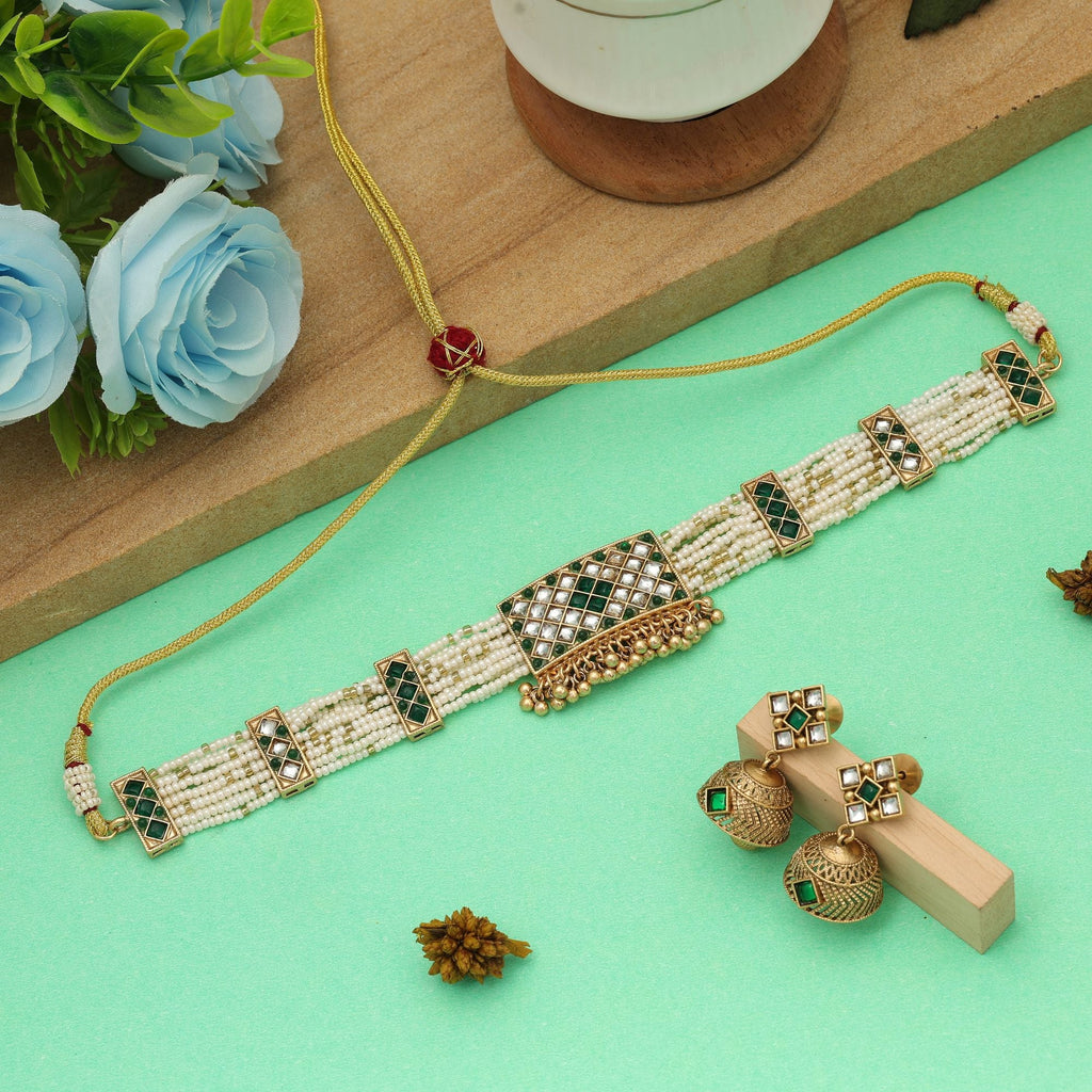 Green Color Choker Matte Gold Necklace Set Festive
