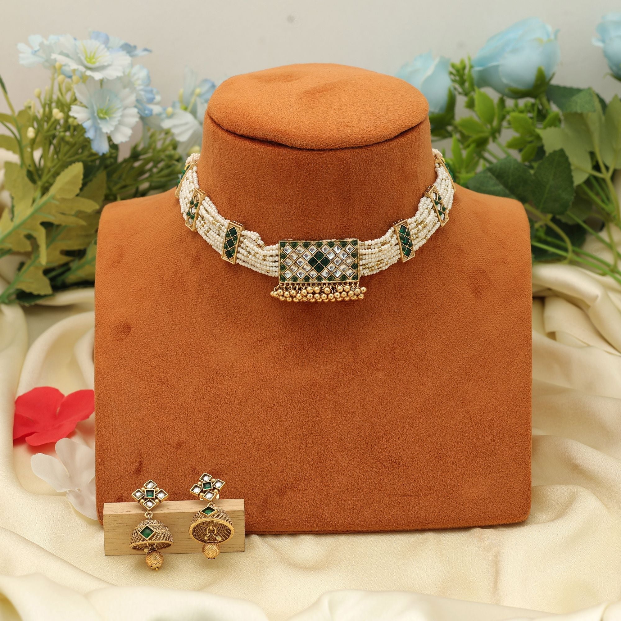 Green Color Choker Matte Gold Necklace Set Festive
