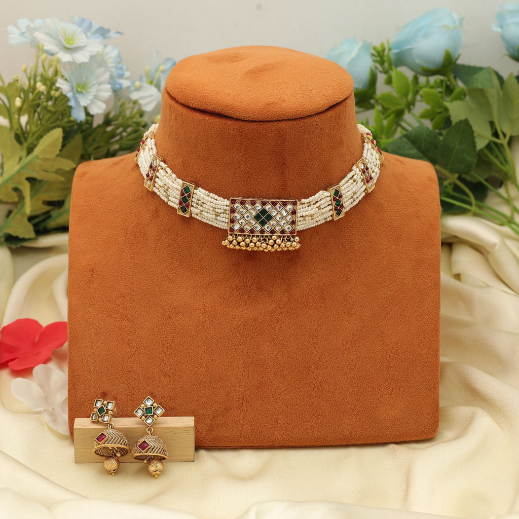 Maroon & Green Color Choker Matte Gold Necklace Set Ethnic