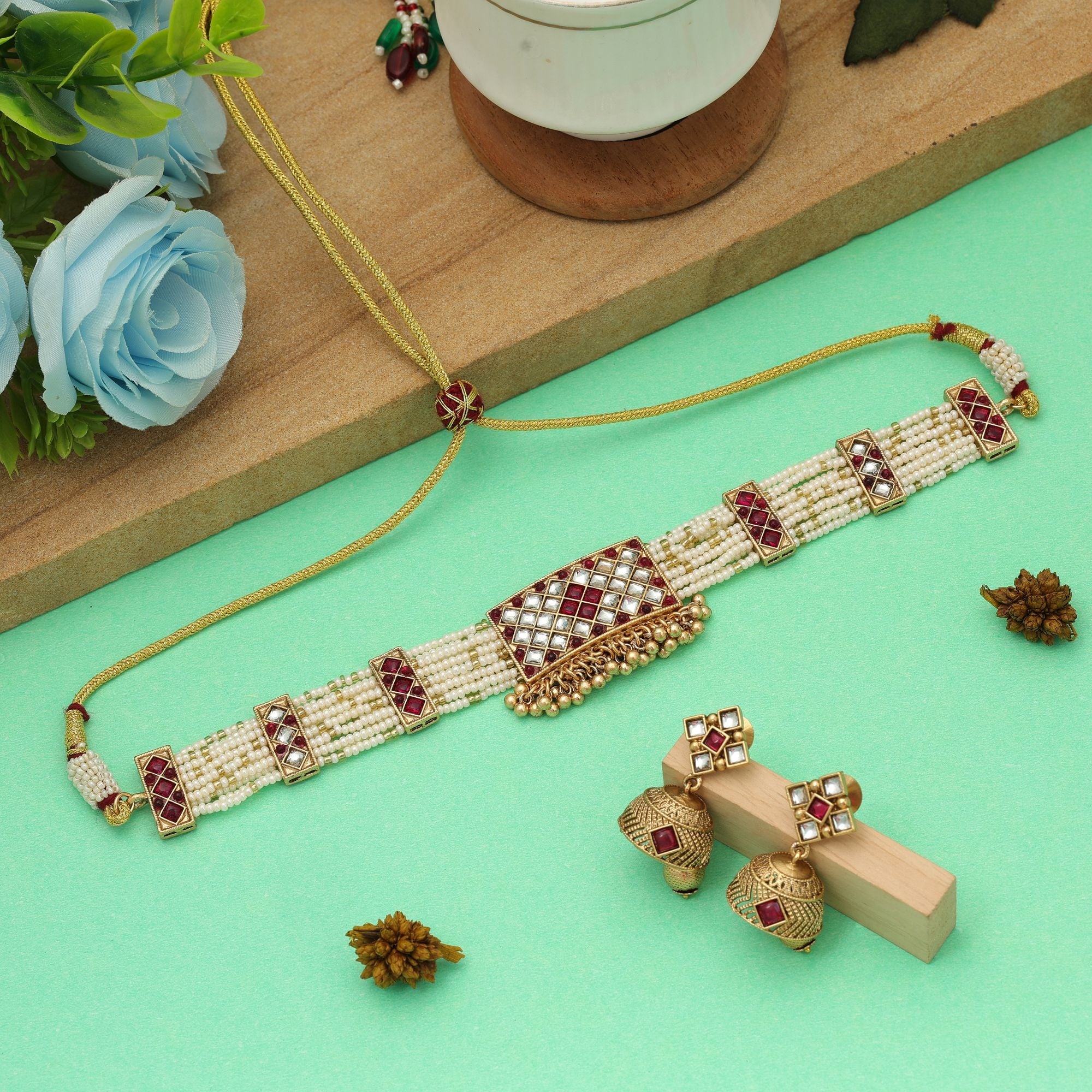 Maroon Color Choker Matte Gold Necklace Set Bridal