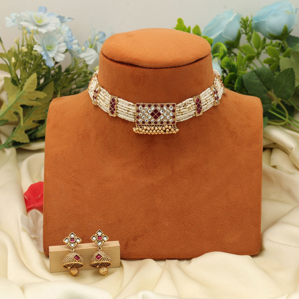 Maroon Color Choker Matte Gold Necklace Set Bridal