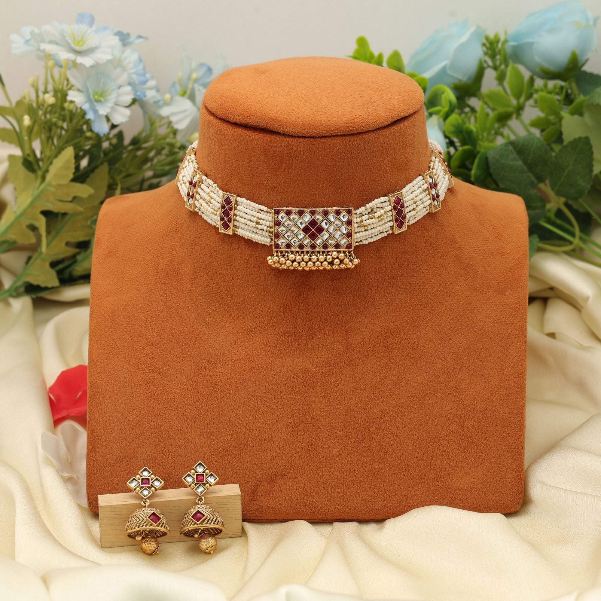 Maroon Color Choker Matte Gold Necklace Set Bridal
