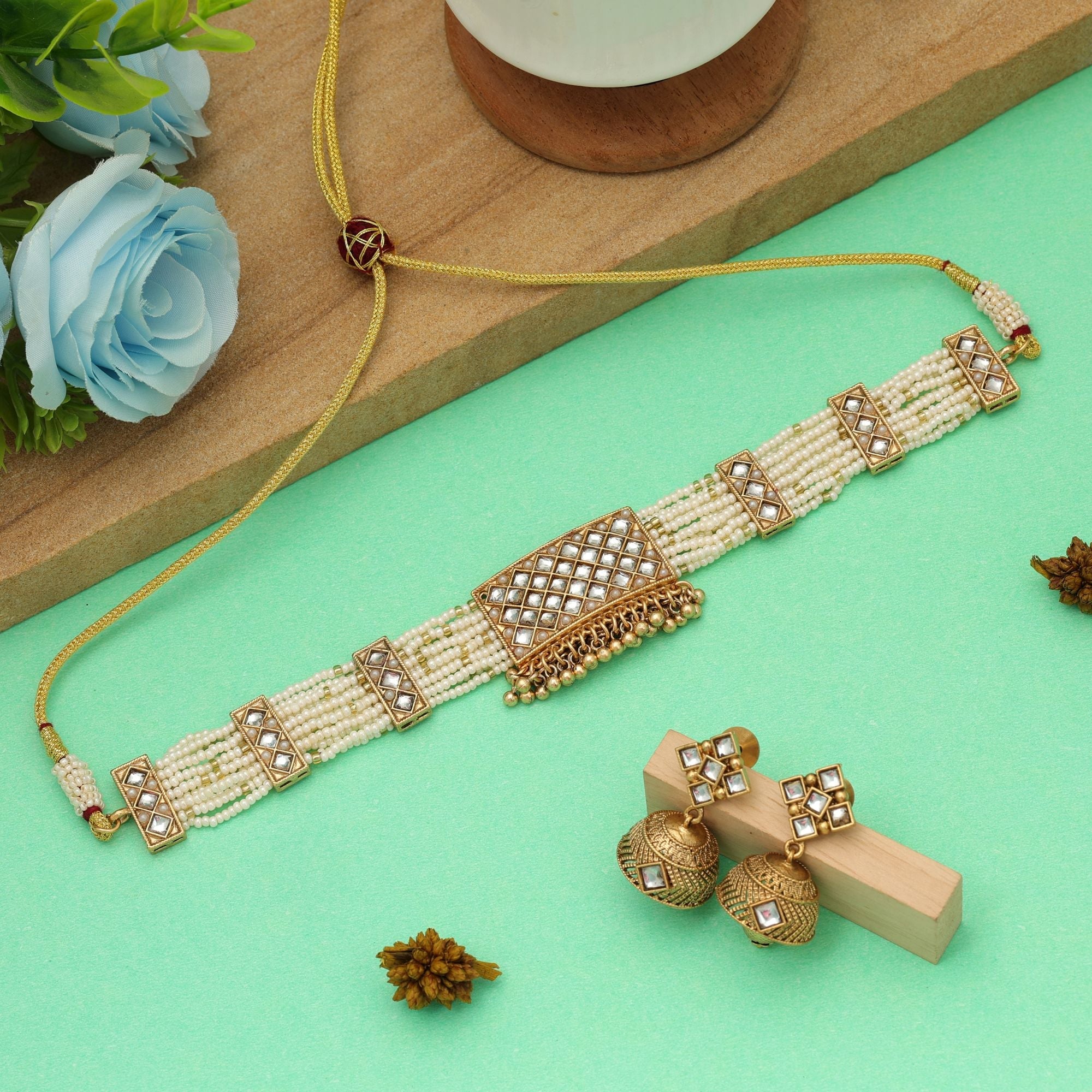 White Color Choker Matte Gold Necklace Set Elegant
