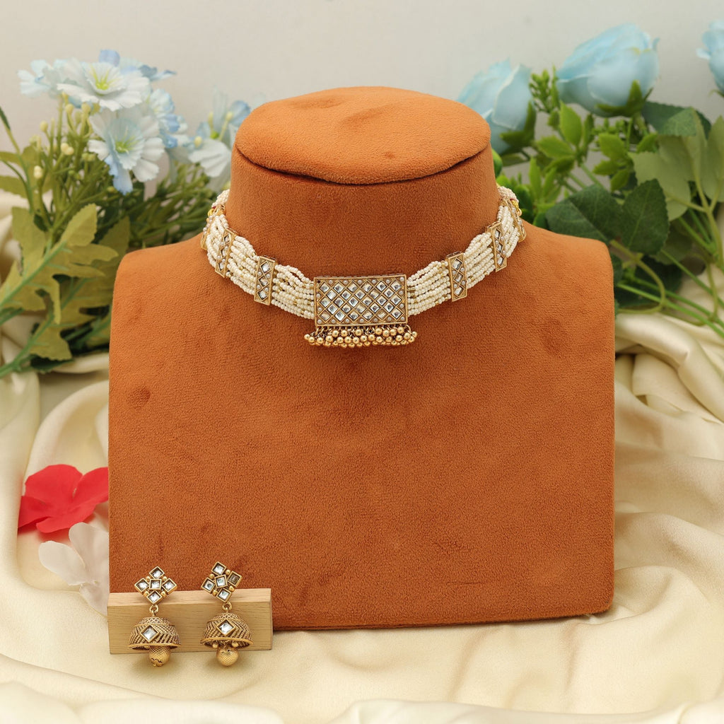 White Color Choker Matte Gold Necklace Set Elegant