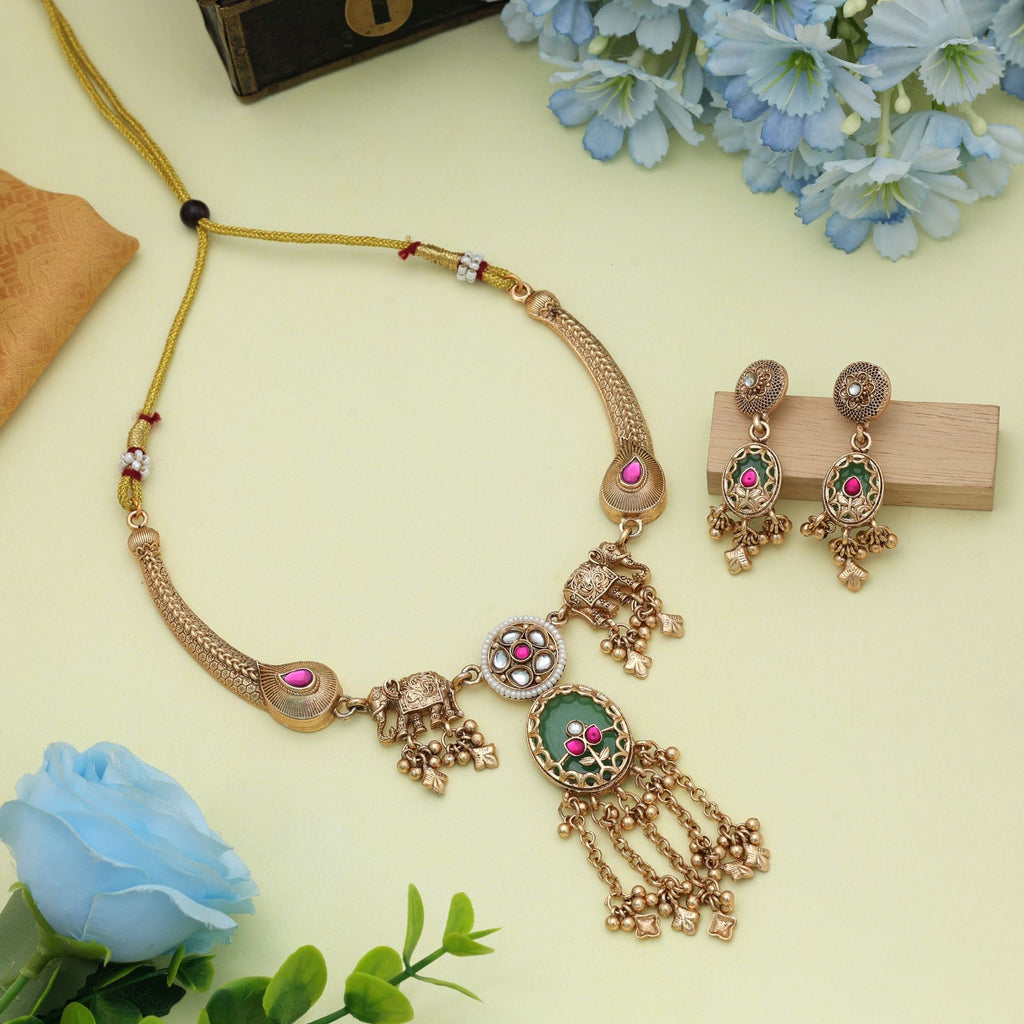 Rani & Green Color Matte Gold Necklace Set Ethnic