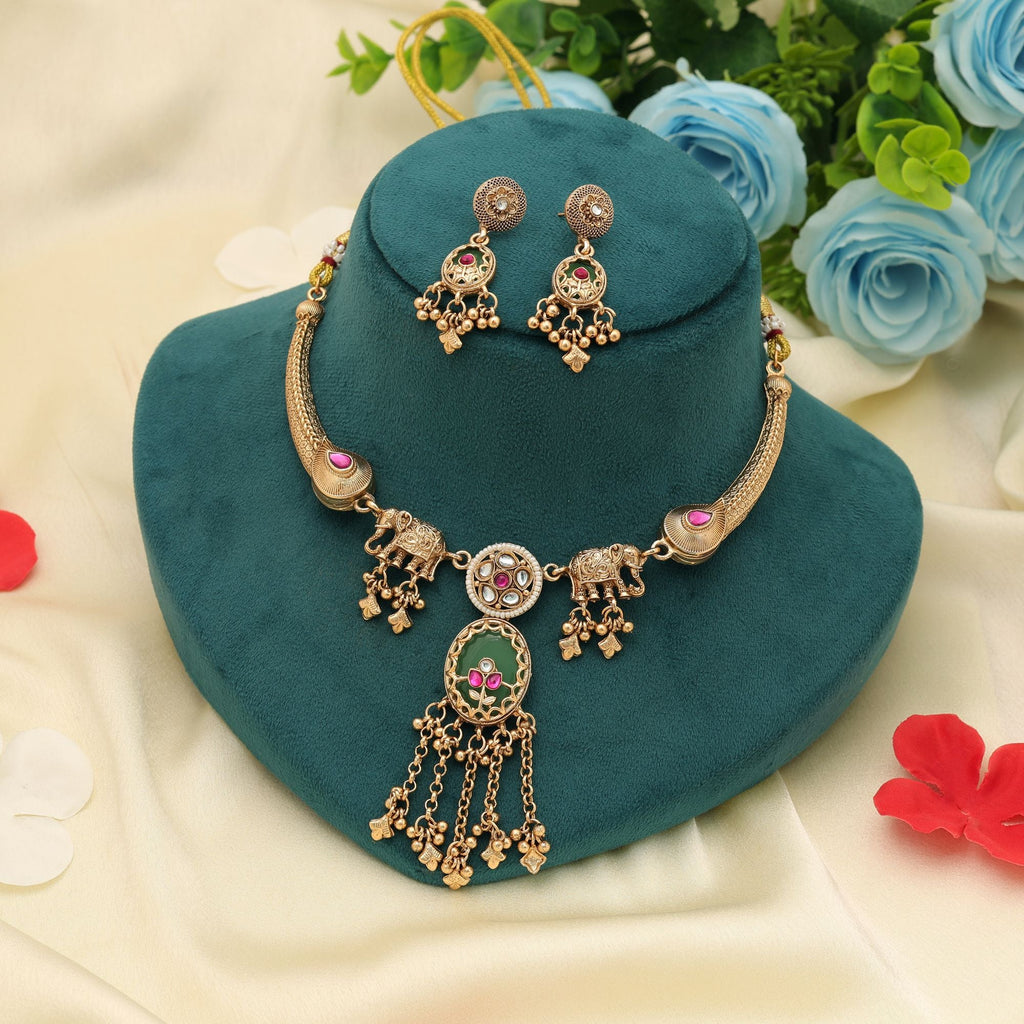 Rani & Green Color Matte Gold Necklace Set Ethnic