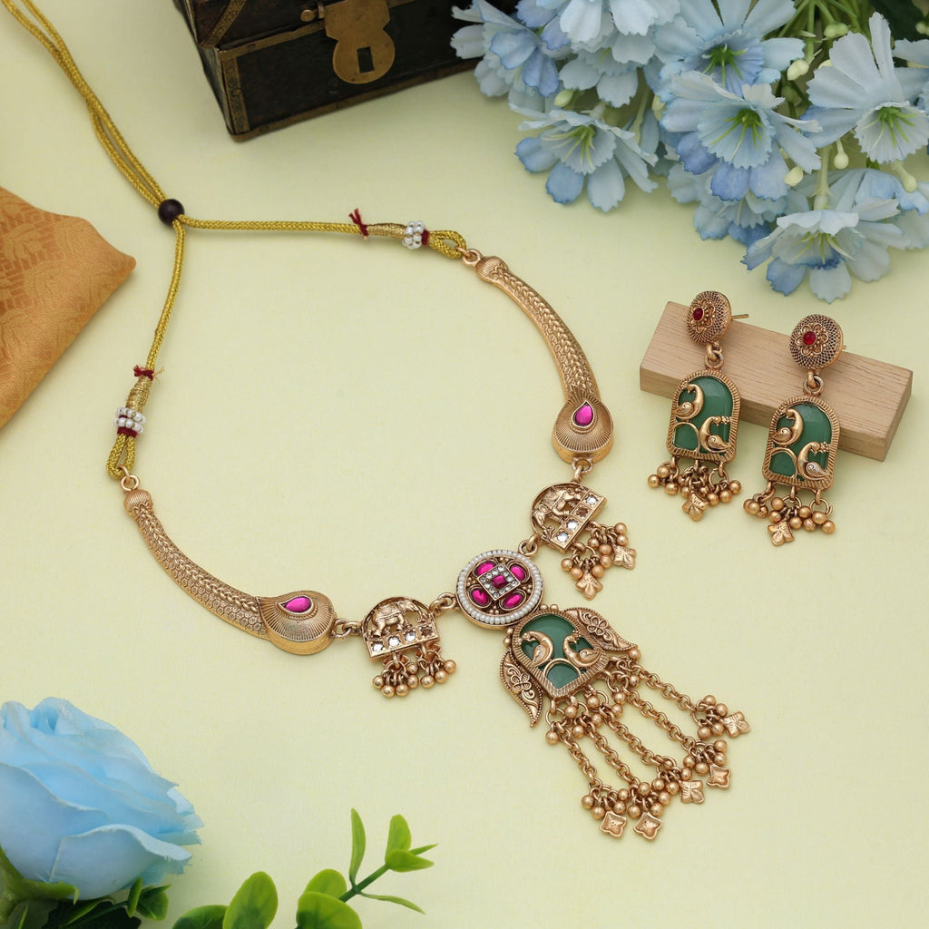 Rani & Green Color Matte Gold Necklace Set Designer