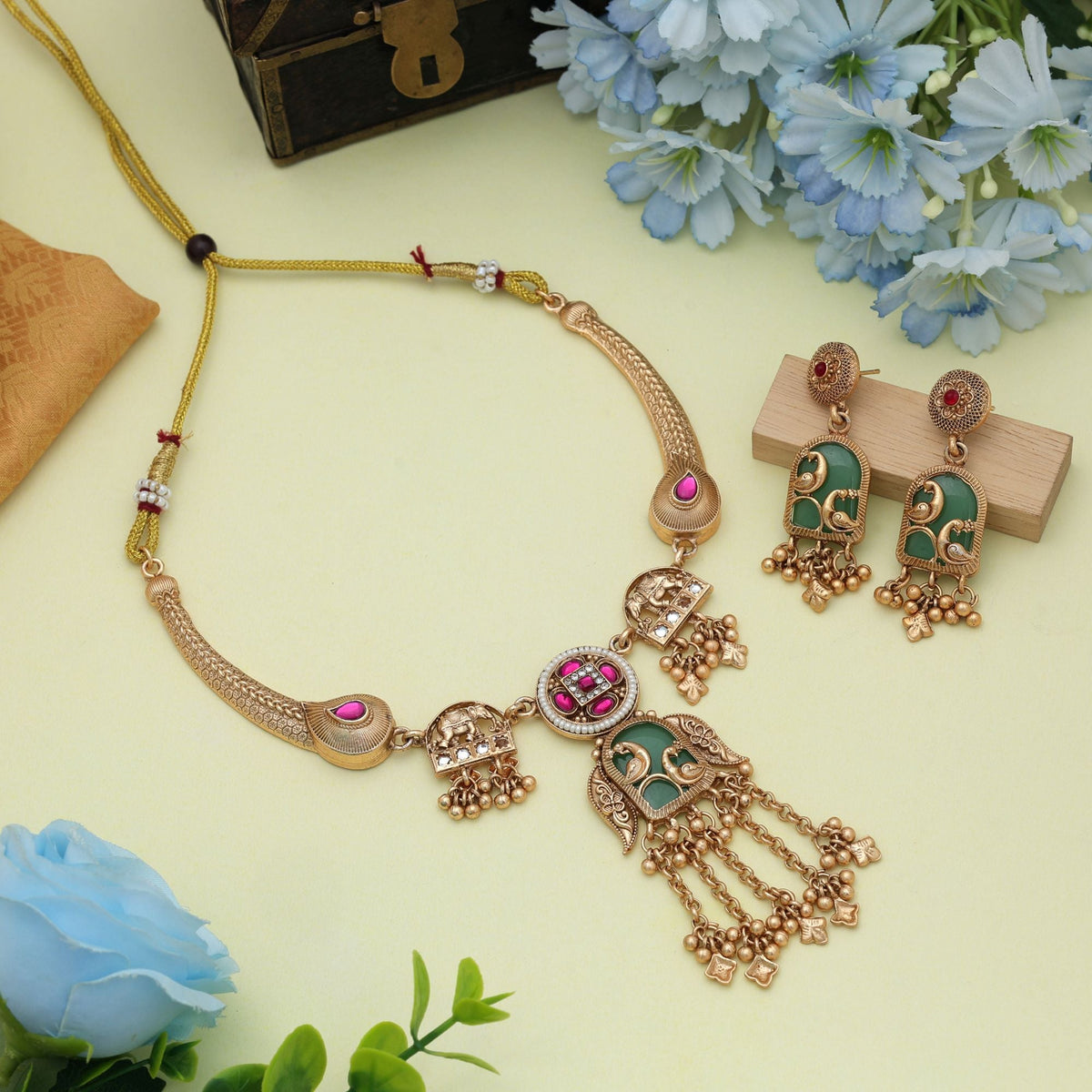 Rani & Green Color Matte Gold Necklace Set Designer