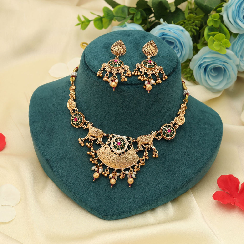 Rani & Green Color Matte Gold Necklace Set Wedding