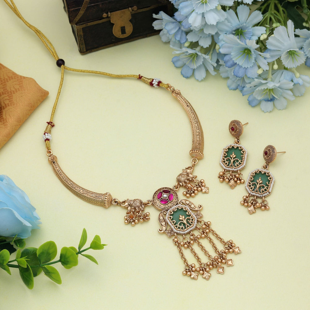 Rani & Green Color Matte Gold Necklace Set Traditional