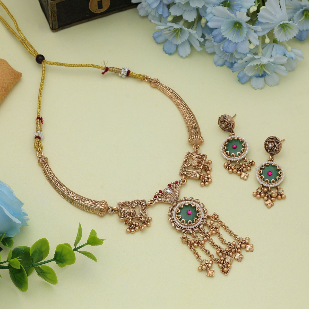 Rani & Green Color Matte Gold Necklace Set Bridal