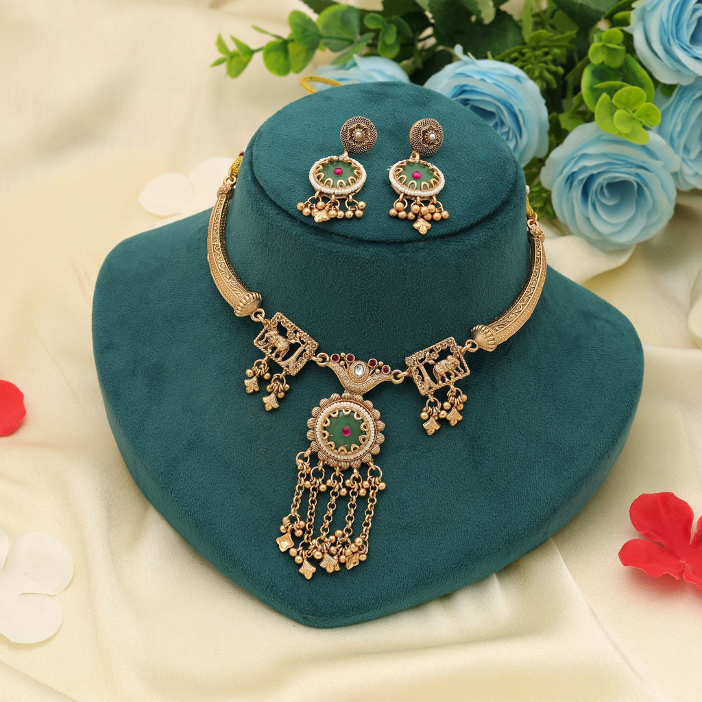 Rani & Green Color Matte Gold Necklace Set Bridal