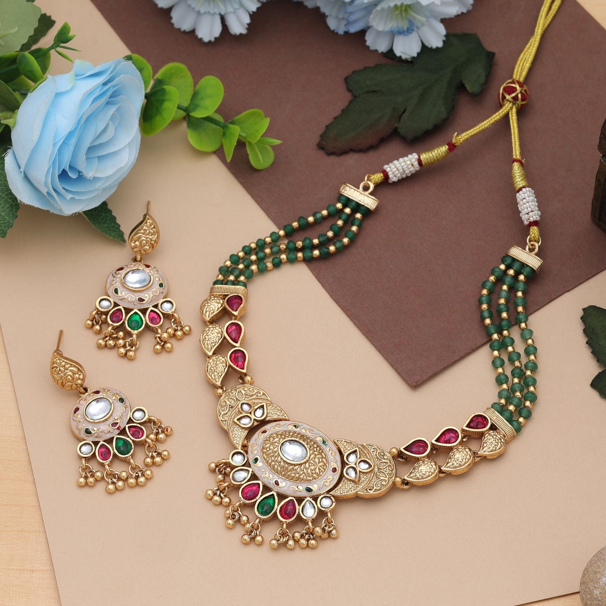 Rani & Green Color Matte Gold Necklace Set Festive