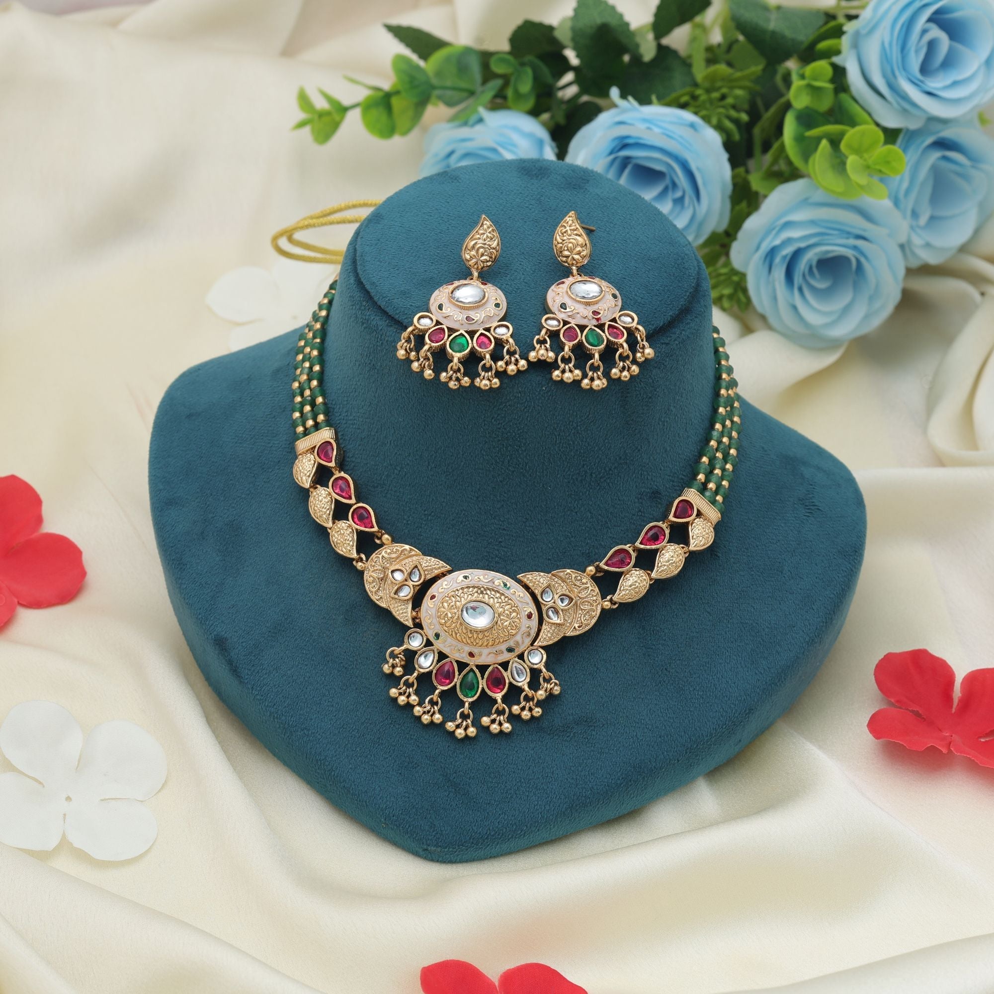 Rani & Green Color Matte Gold Necklace Set Festive