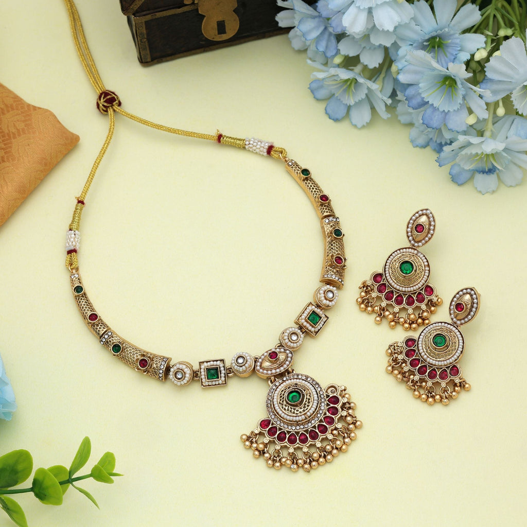 Rani & Green Color Matte Gold Necklace Set Party Wear