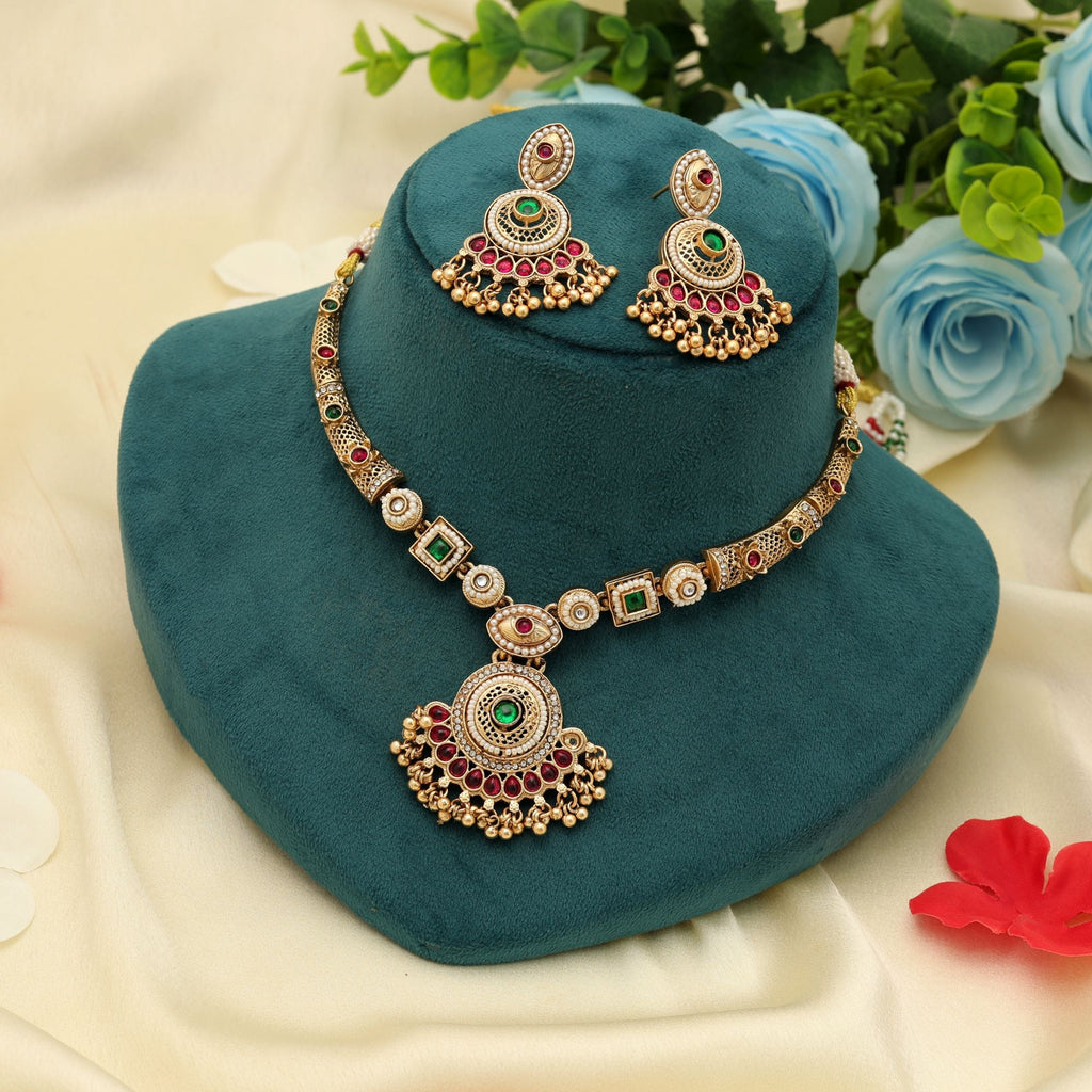 Rani & Green Color Matte Gold Necklace Set Party Wear