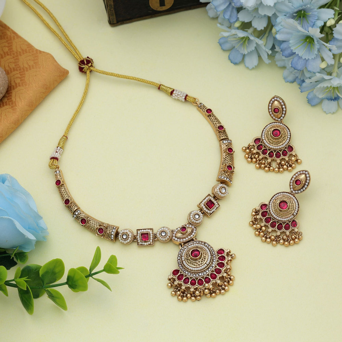 Rani Color Matte Gold Necklace Set Ethnic