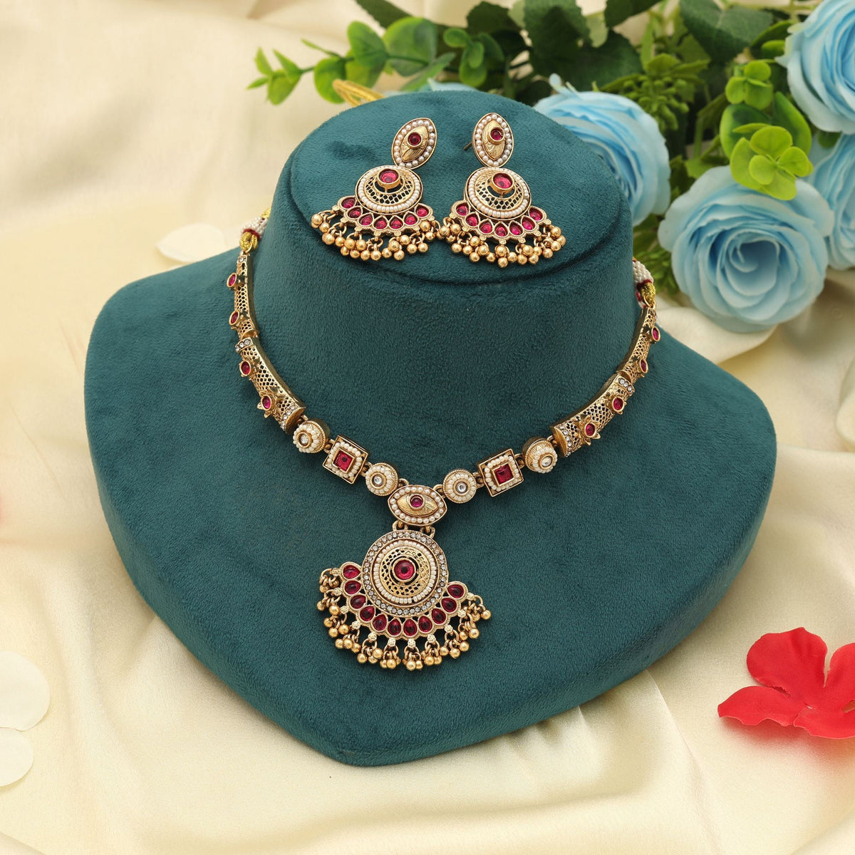 Rani Color Matte Gold Necklace Set Ethnic