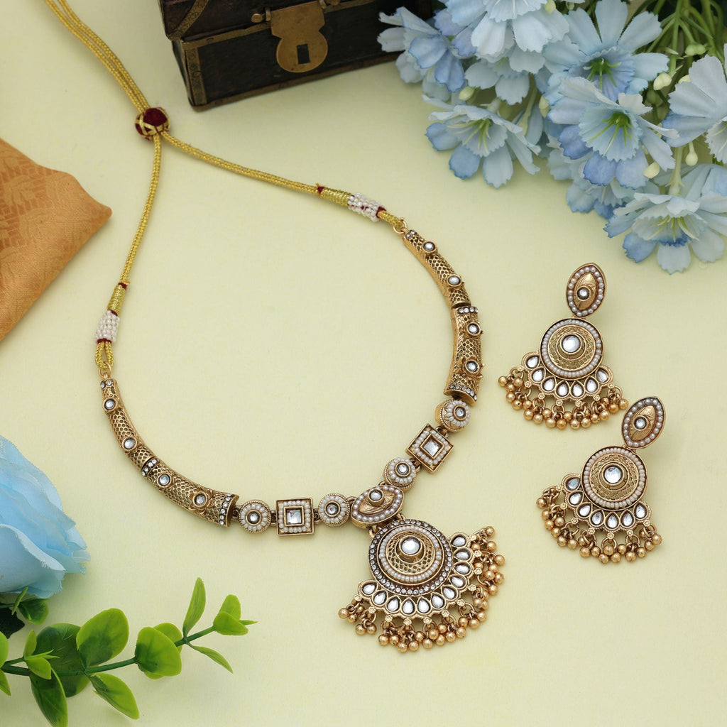 White Color Matte Gold Necklace Set Minimal