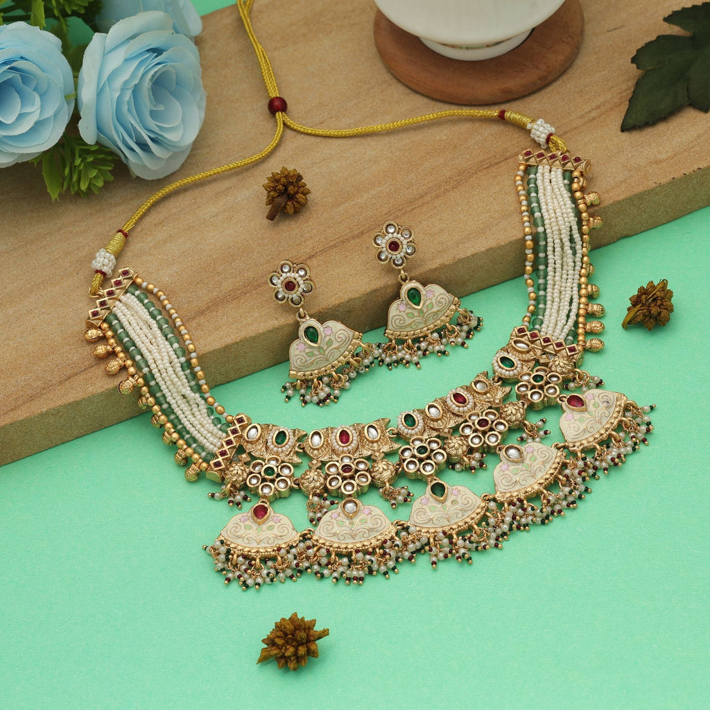 Multi Color Meena Work Matte Gold Necklace Set Festive