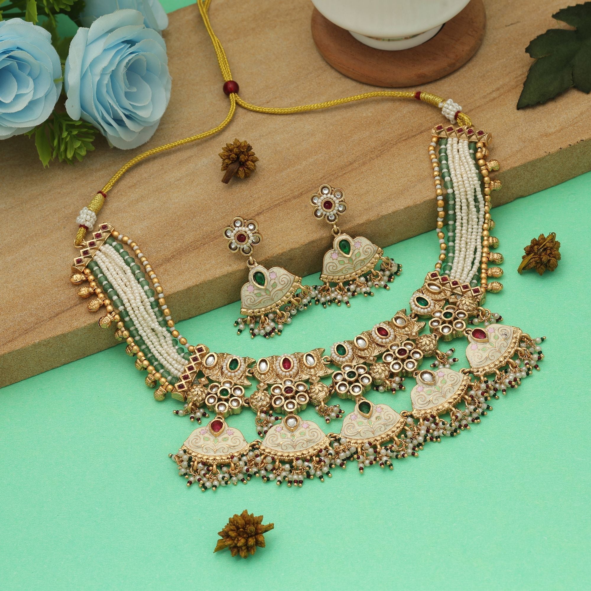 Multi Color Meena Work Matte Gold Necklace Set Festive