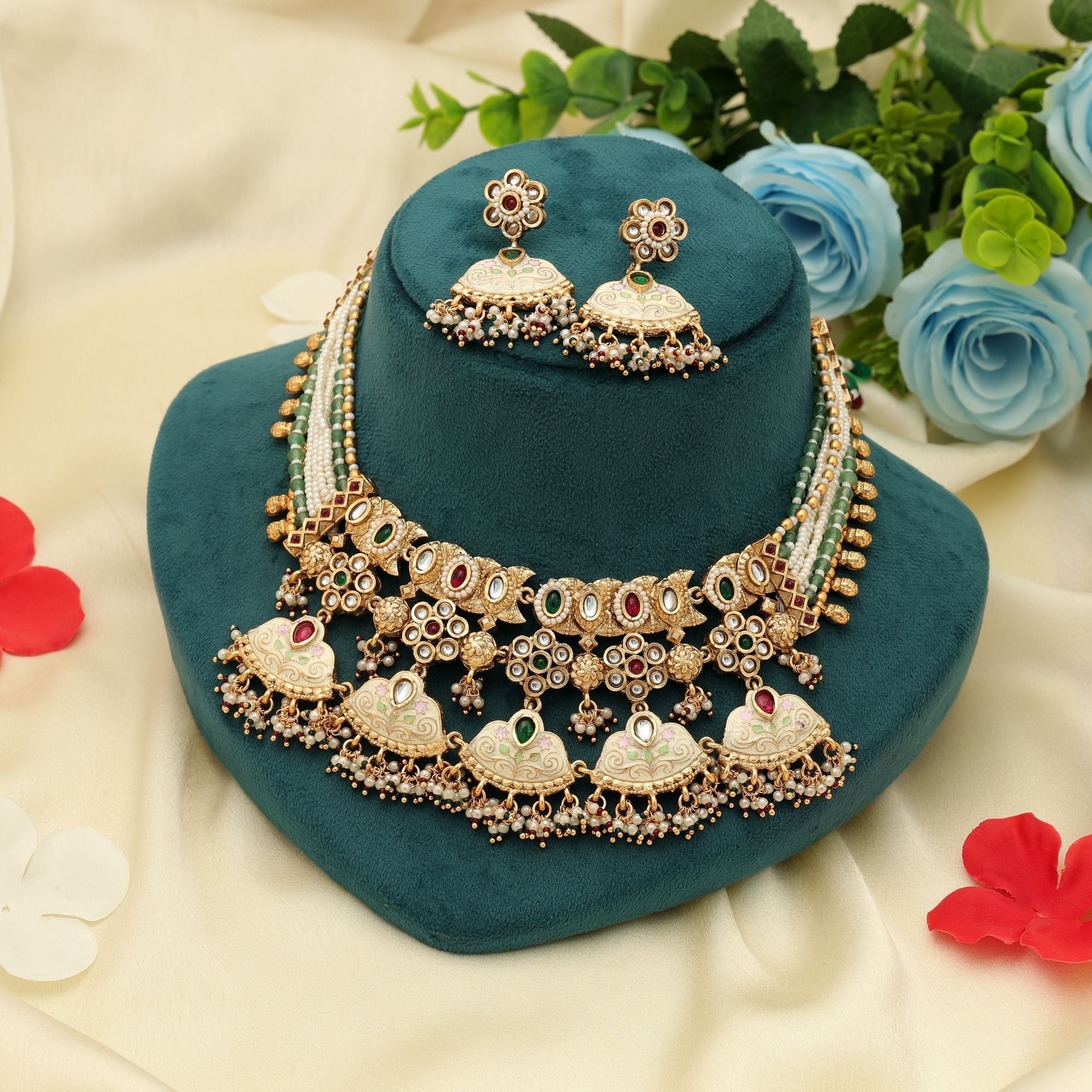 Multi Color Meena Work Matte Gold Necklace Set Festive