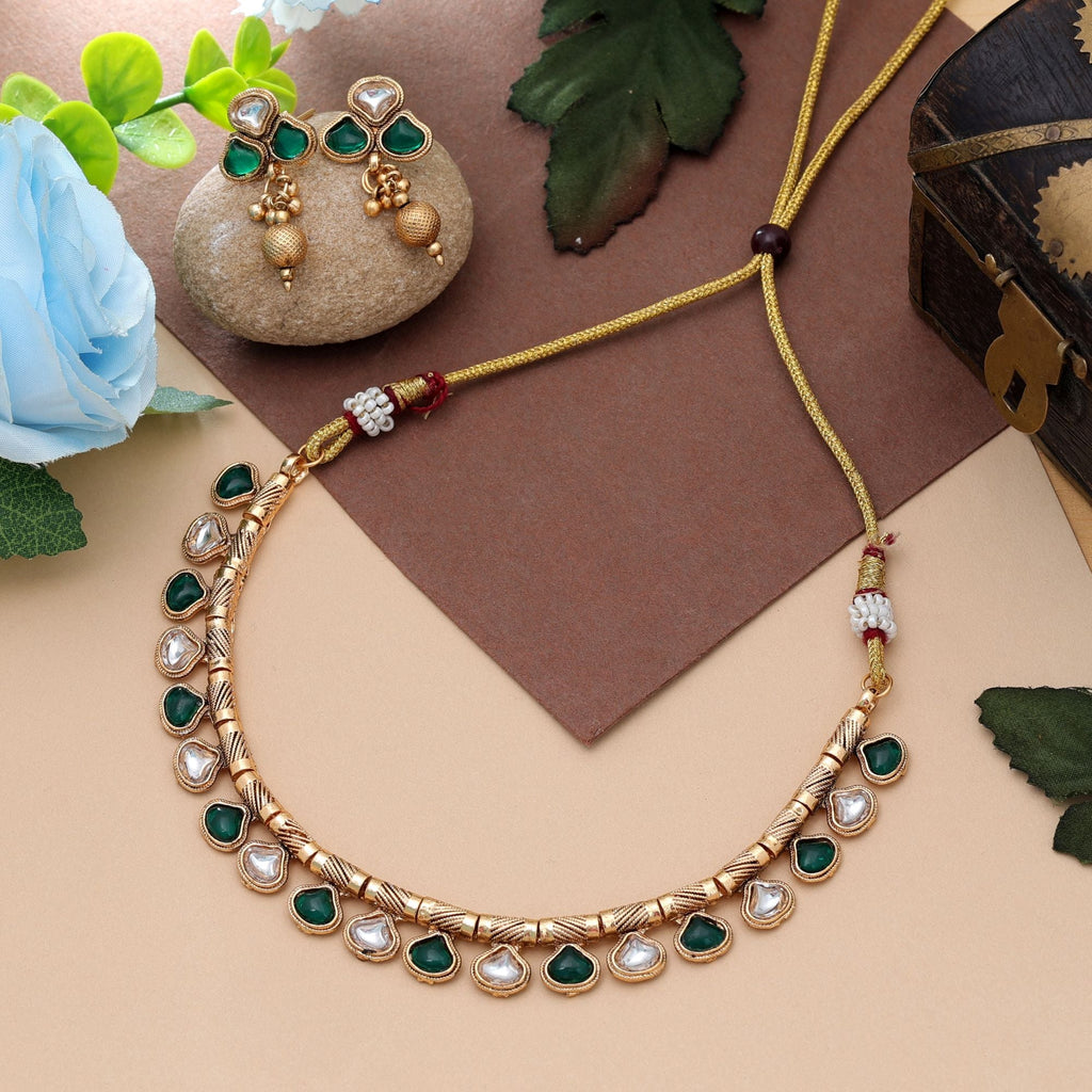 Green Color Matte Gold Necklace Set Traditional