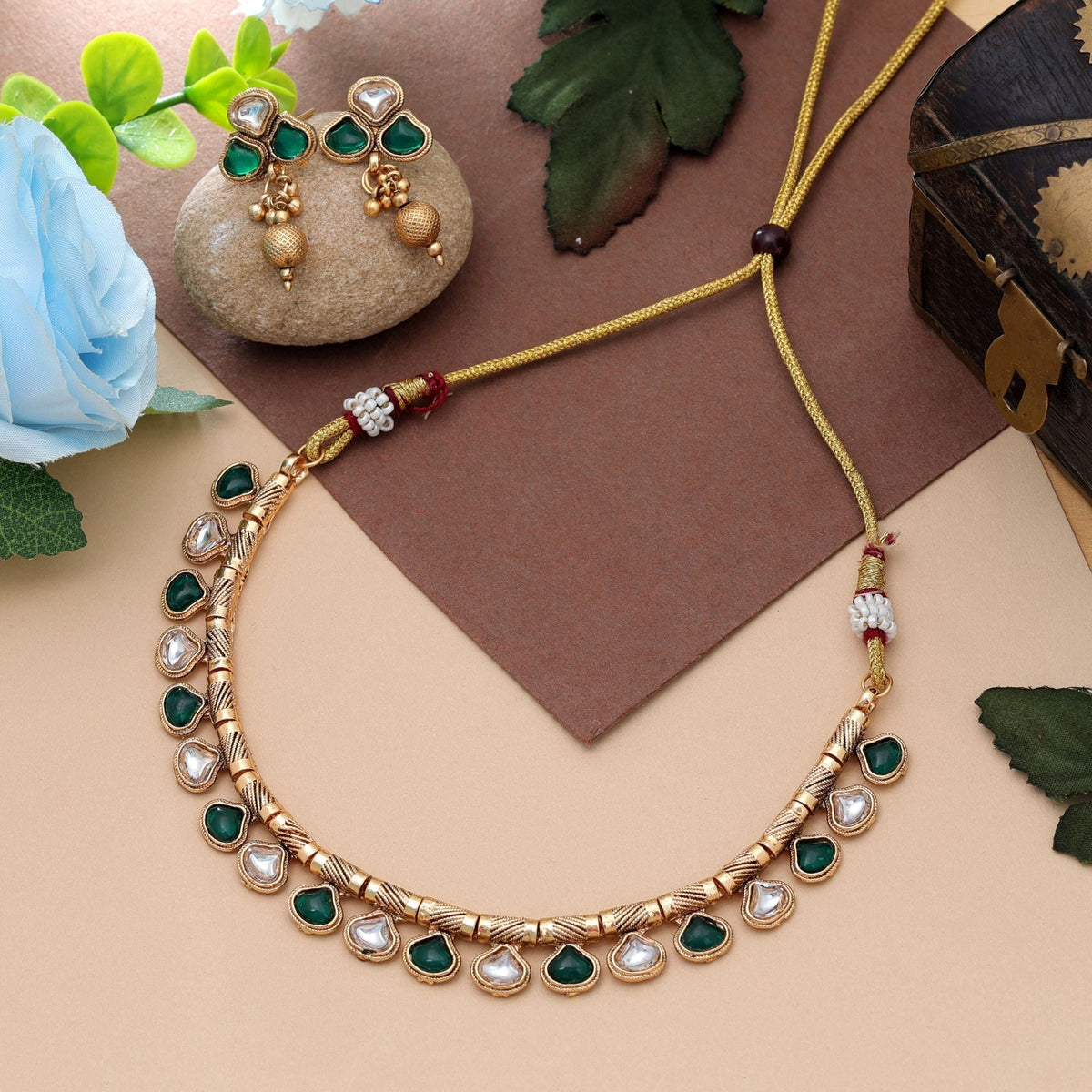 Green Color Matte Gold Necklace Set Traditional