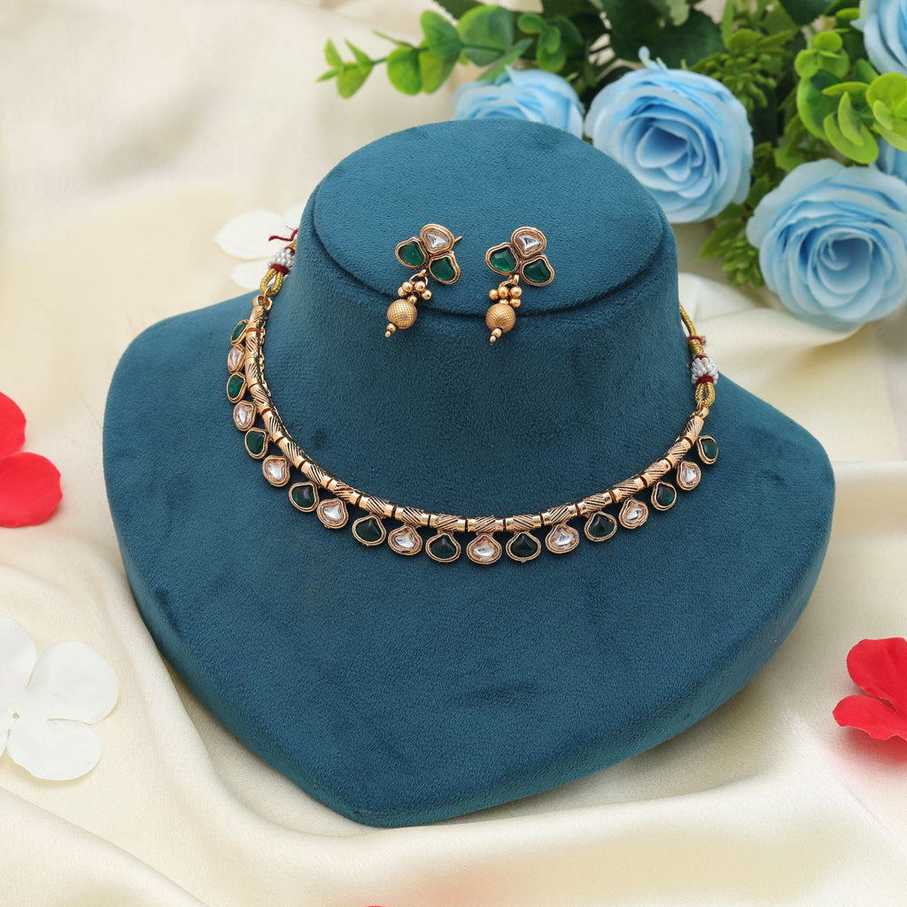 Green Color Matte Gold Necklace Set Traditional