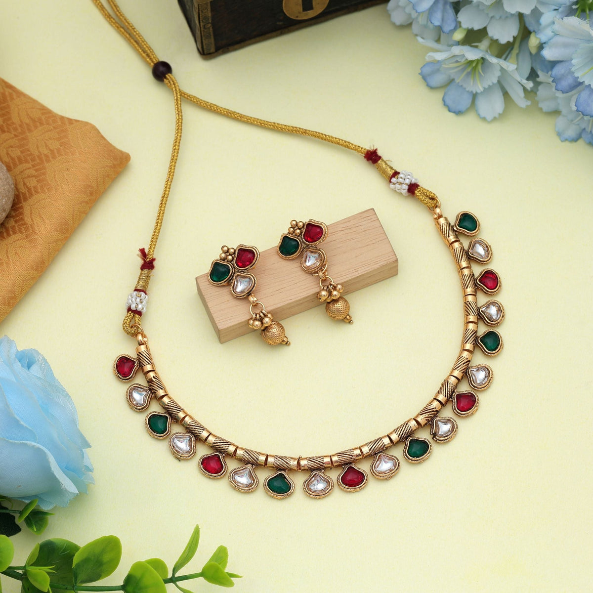 Rani & Green Color Matte Gold Necklace Set Designer