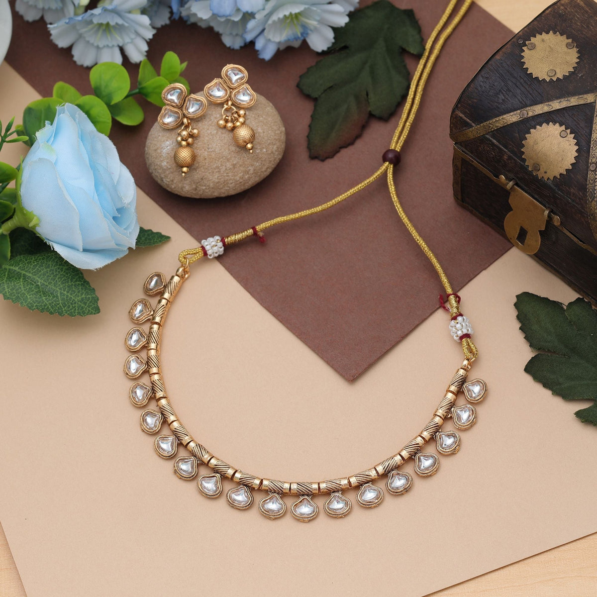 White Color Matte Gold Necklace Set Modern