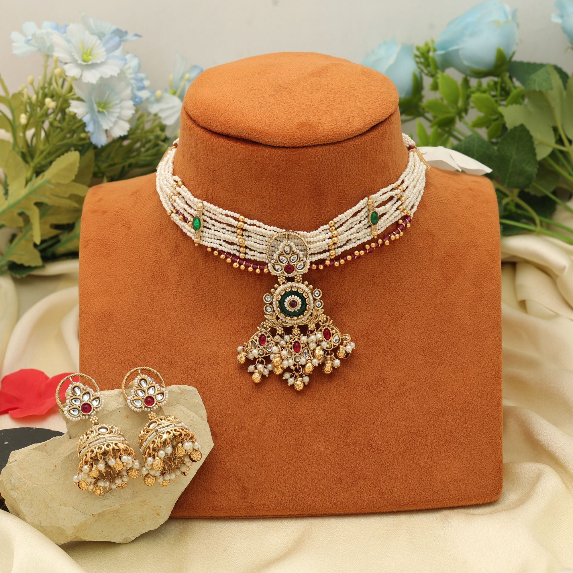 Green Color Choker Matte Gold Necklace Set Festive
