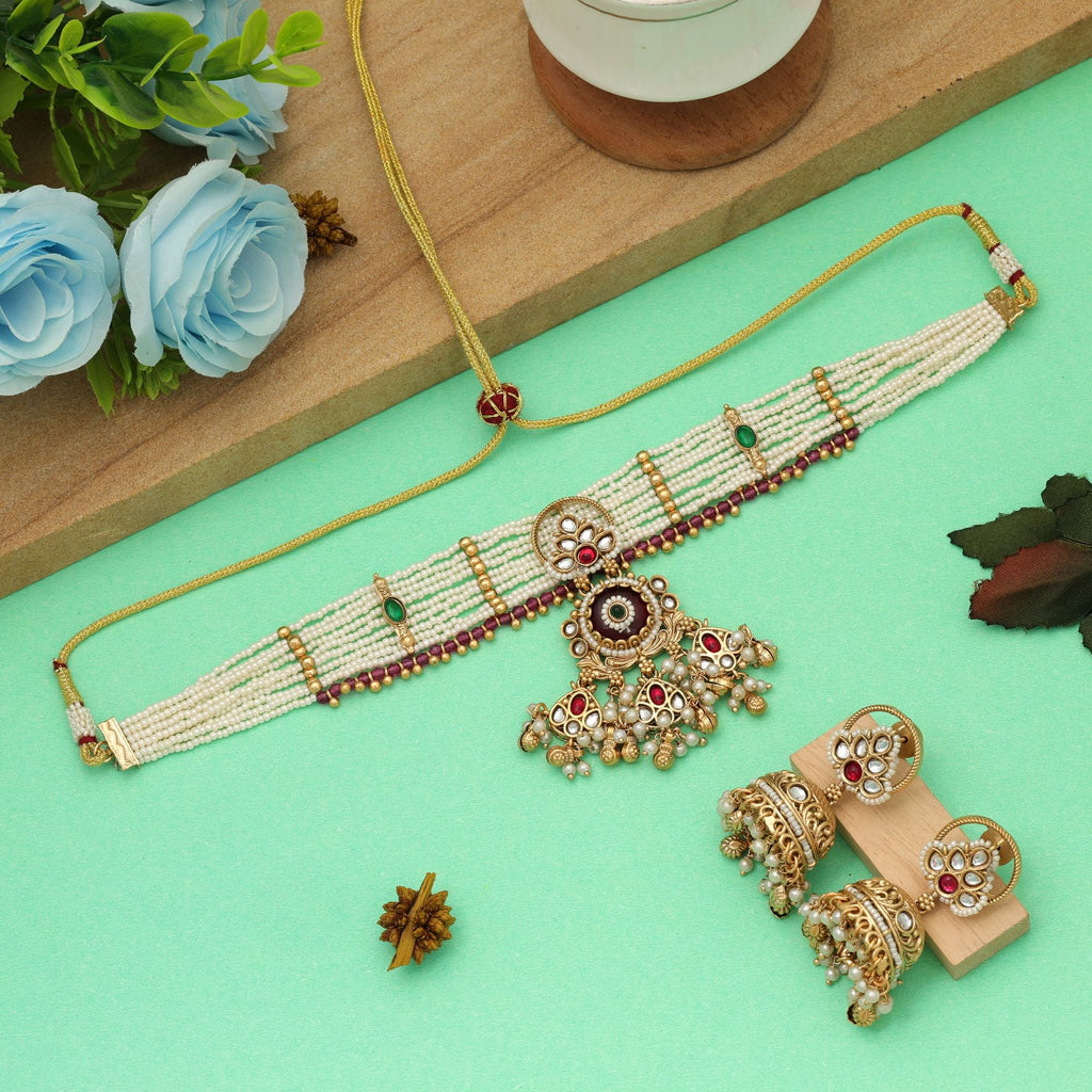 Maroon Color Choker Matte Gold Necklace Set Bridal