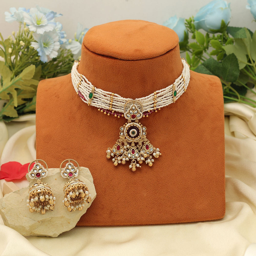 Maroon Color Choker Matte Gold Necklace Set Bridal