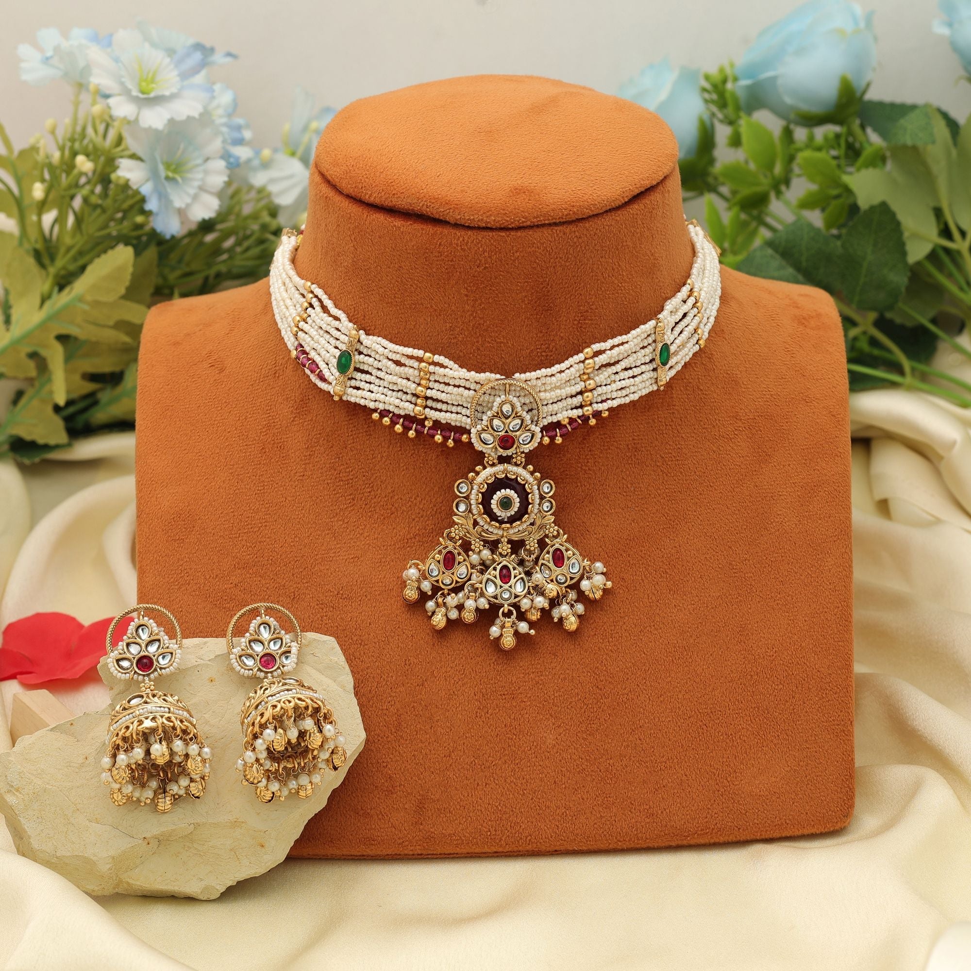 Maroon Color Choker Matte Gold Necklace Set Bridal