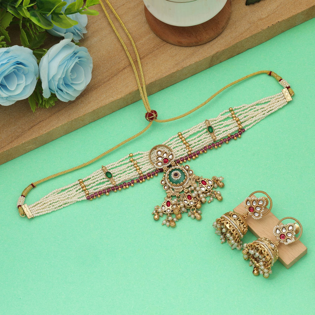 Rama Green Color Choker Matte Gold Necklace Set Ethnic
